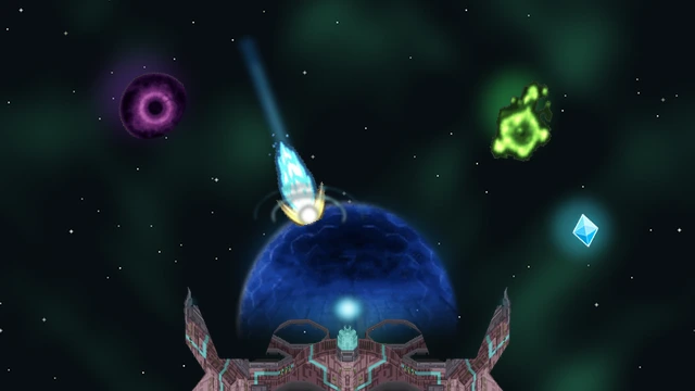 小行星護盾防衛活動畫面:移動護盾保護飛船,練習手部定位與上肢控制。