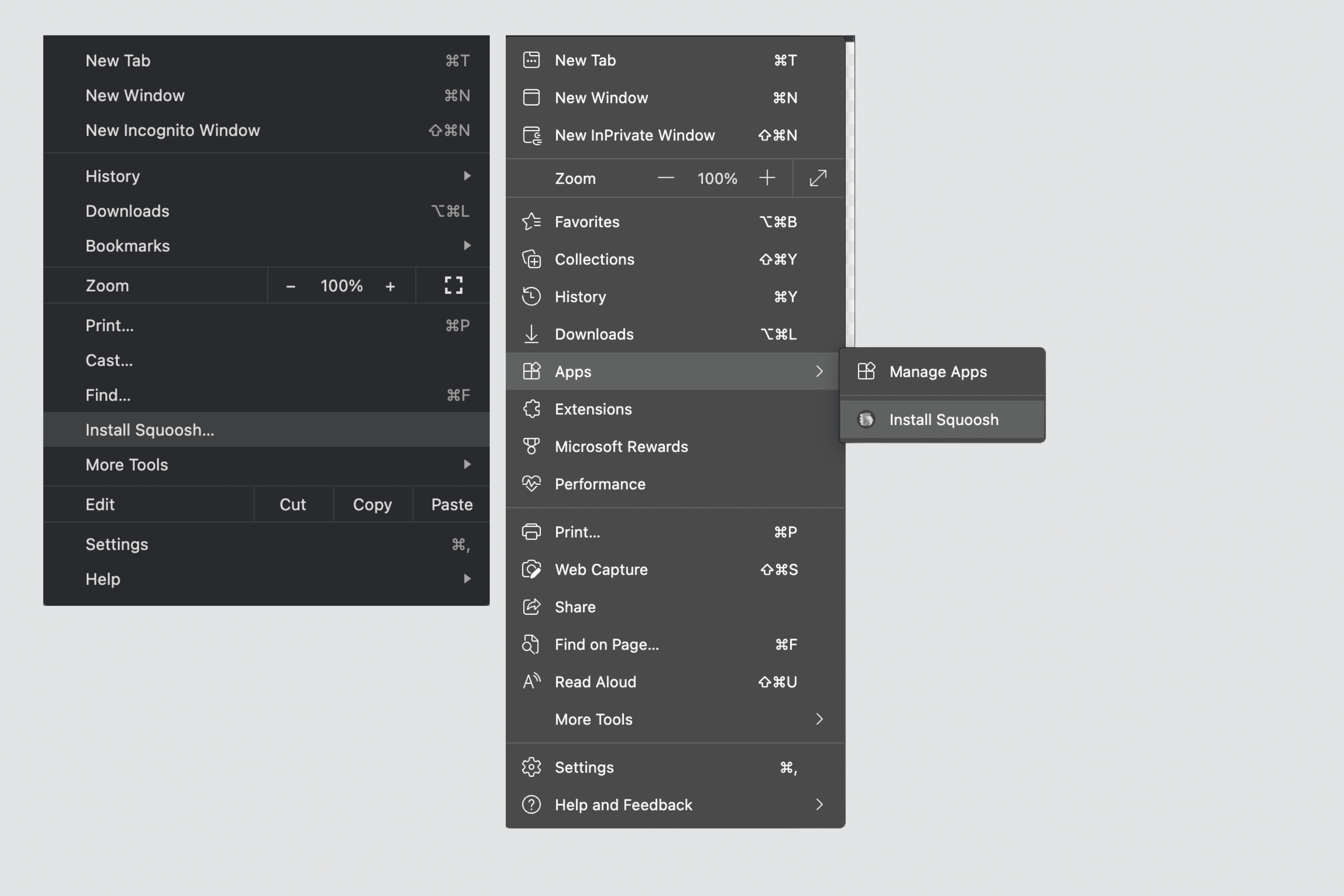 電腦版 Chrome 和 Edge 的 PWA 安裝選單項目